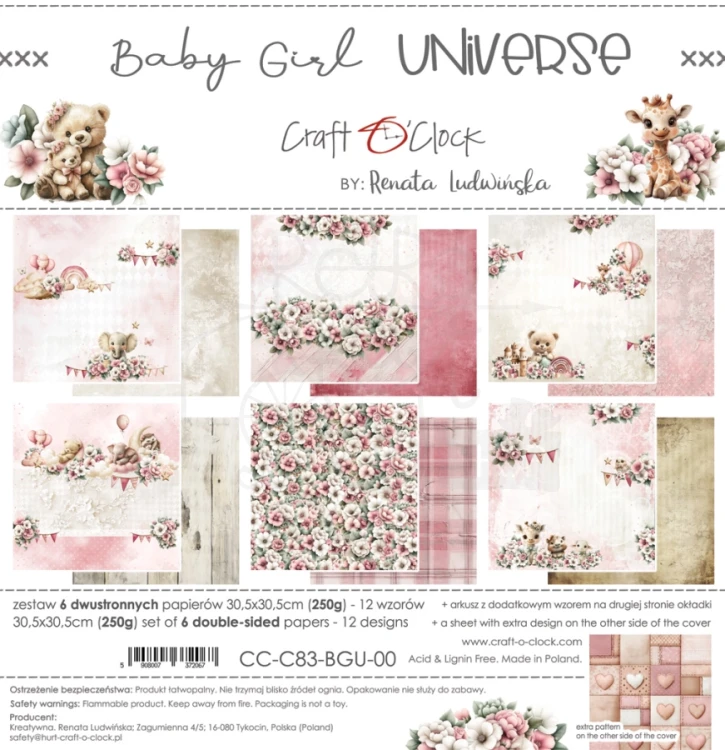 Zestaw papierów do scrapbookingu 30x30 Babygirl Universe CC-C83-BGU-00 Craft O'Clock