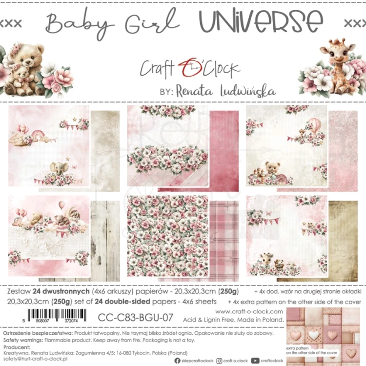 Zestaw papierów do scrapbookingu 20x20 Babygirl Universe CC-C83-BGU-07 Craft O'Clock