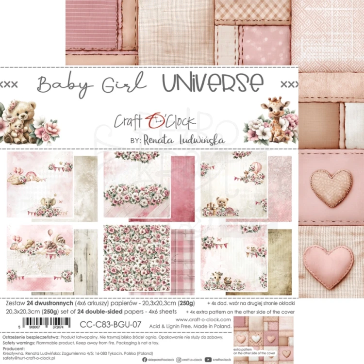 Zestaw papierów do scrapbookingu 20x20 Babygirl Universe CC-C83-BGU-07 Craft O'Clock
