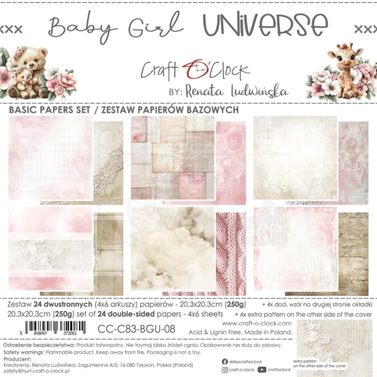 Zestaw papierów do scrapbookingu 20x20 Babygirl Universe - Basic CC-C83-BGU-08 Craft O'Clock
