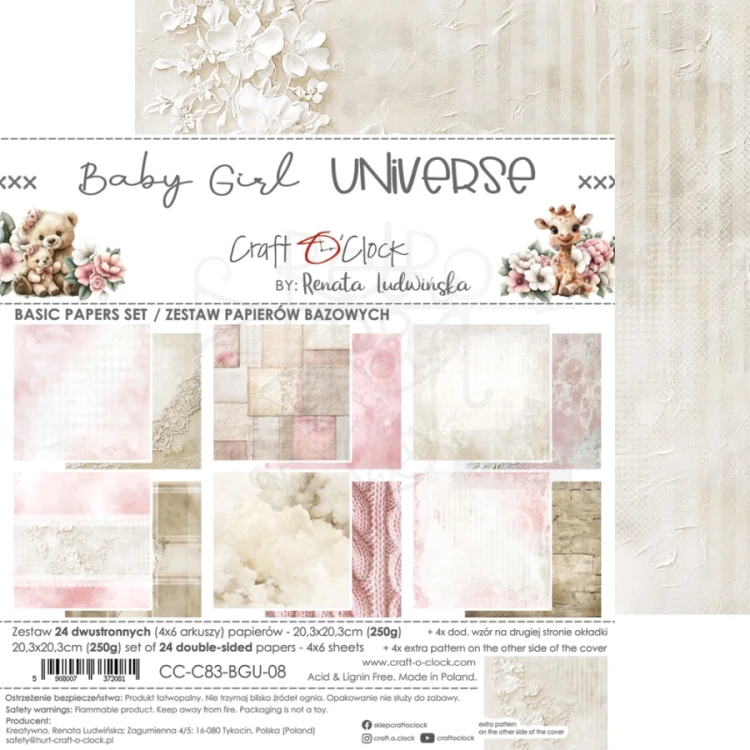Zestaw papierów do scrapbookingu 20x20 Babygirl Universe - Basic CC-C83-BGU-08 Craft O'Clock