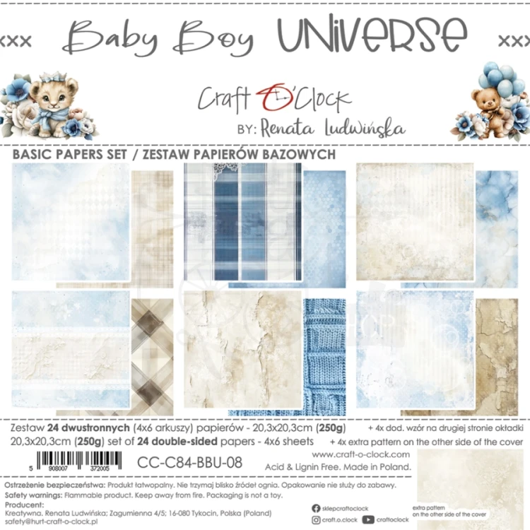 Zestaw papierów do scrapbookingu 20x20 Babyboy Universe - Basic CC-C84-BBU-08 Craft O'Clock