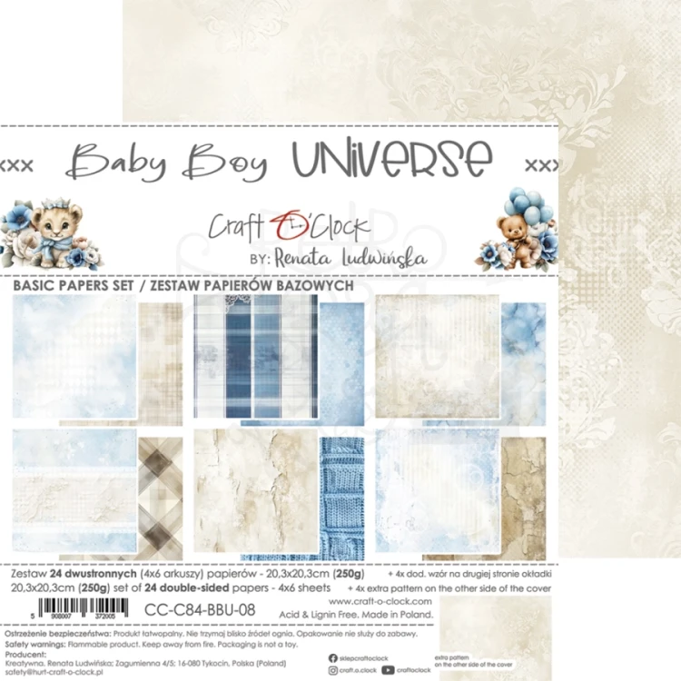 Zestaw papierów do scrapbookingu 20x20 Babyboy Universe - Basic CC-C84-BBU-08 Craft O'Clock