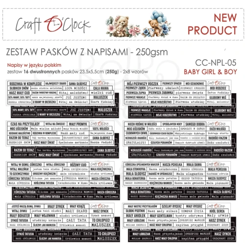 Zestaw pasków Napisy Polskie Dziecięce Baby Girl &amp; Boy 16szt CC-NPL-05 Craft O'Clock
