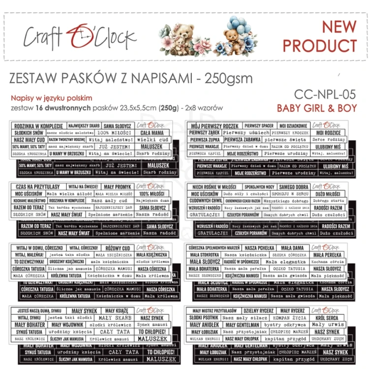 Zestaw pasków Napisy Polskie Dziecięce Baby Girl &amp; Boy 16szt CC-NPL-05 Craft O'Clock