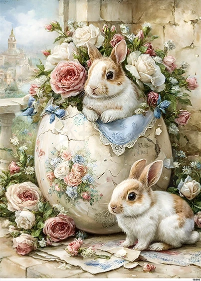 Papier ryżowy do decoupage A5 Króliczki jajko i kwiaty 18846