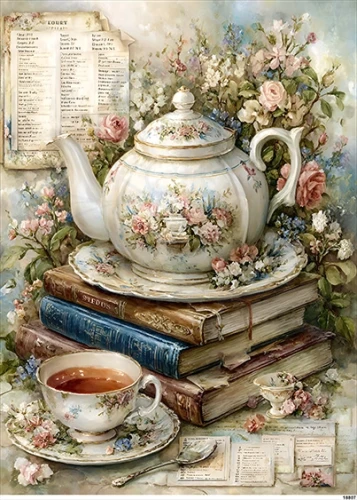 Papier ryżowy do decoupage A5 Imbryk filiżanka i książki retro 18807