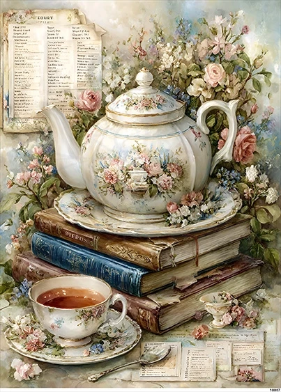 Papier ryżowy do decoupage A5 Imbryk filiżanka i książki retro 18807
