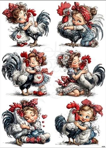 Papier ryżowy do decoupage A4 Dziewczynki i koguty 4326
