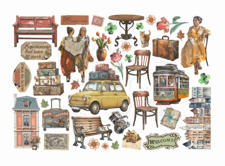 Ozdoby papierowe samoprzylepne Ephemera Art of Travelling 39 szt DFLCT79 Stamperia