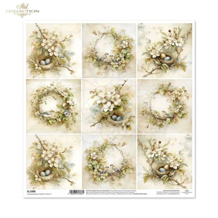 Papier do scrapbookingu 30x30 Wiosna - wianki ptaki i gniazda retro SL1988 ITD Collection