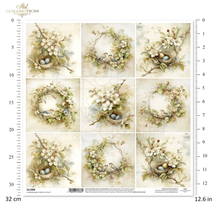Papier do scrapbookingu 30x30 Wiosna - wianki ptaki i gniazda retro SL1988 ITD Collection