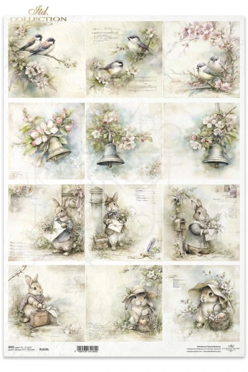 Papier ryżowy do decoupage A3 Wielkanoc - ptaki i zające retro R1633L ITD Collection