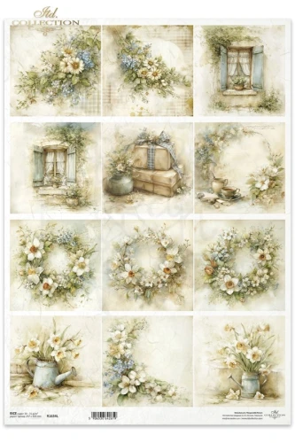 Papier ryżowy do decoupage A3 Wiosna - wianki kwiaty i okna retro R1634L ITD Collection