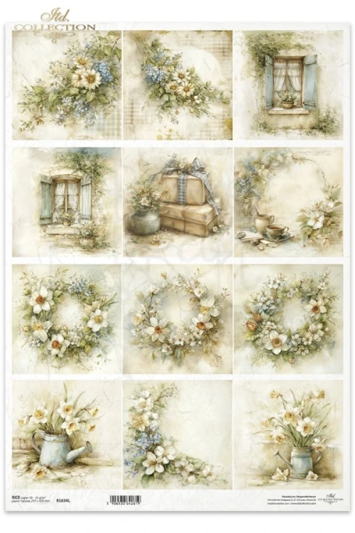 Papier ryżowy do decoupage A3 Wiosna - wianki kwiaty i okna retro R1634L ITD Collection