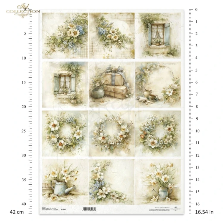 Papier ryżowy do decoupage A3 Wiosna - wianki kwiaty i okna retro R1634L ITD Collection