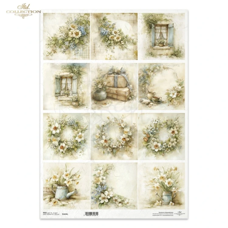 Papier ryżowy do decoupage A3 Wiosna - wianki kwiaty i okna retro R1634L ITD Collection