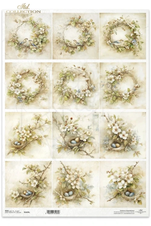 Papier ryżowy do decoupage A3 Wiosna - wianki ptaki i gniazda retro R1635L ITD Collection