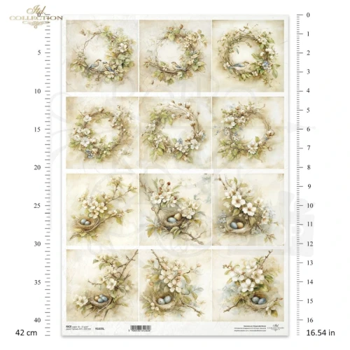 Papier ryżowy do decoupage A3 Wiosna - wianki ptaki i gniazda retro R1635L ITD Collection