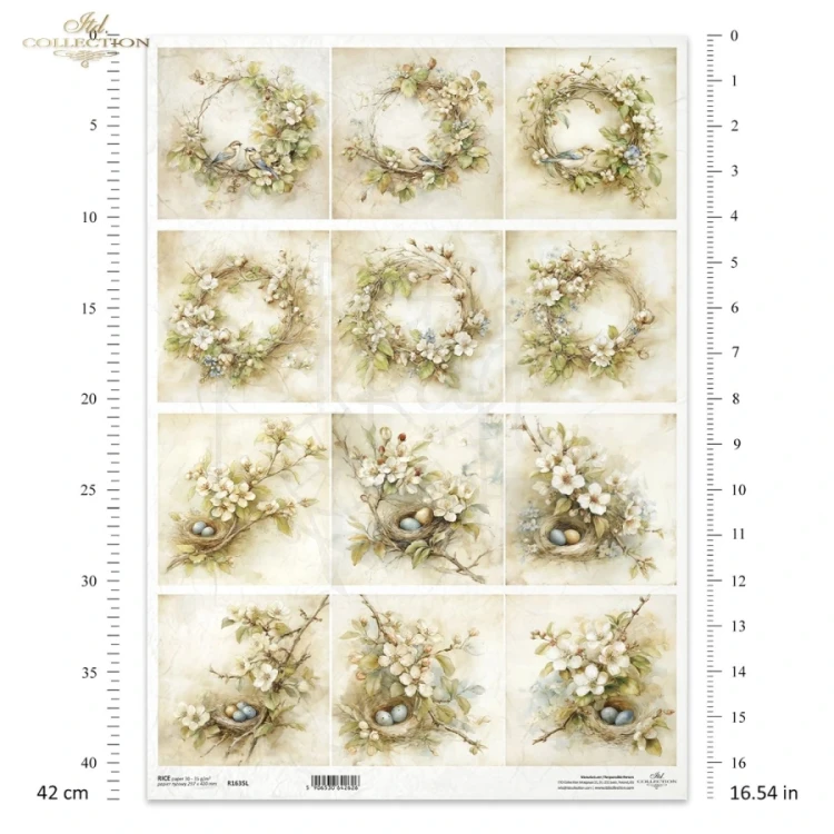 Papier ryżowy do decoupage A3 Wiosna - wianki ptaki i gniazda retro R1635L ITD Collection