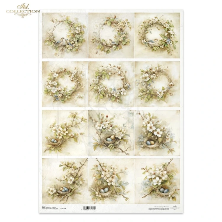 Papier ryżowy do decoupage A3 Wiosna - wianki ptaki i gniazda retro R1635L ITD Collection