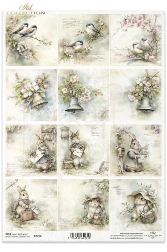 Papier ryżowy do decoupage A4 Wielkanoc - ptaki i zające retro R2794 ITD Collection