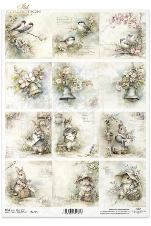Papier ryżowy do decoupage A4 Wielkanoc - ptaki i zające retro R2794 ITD Collection