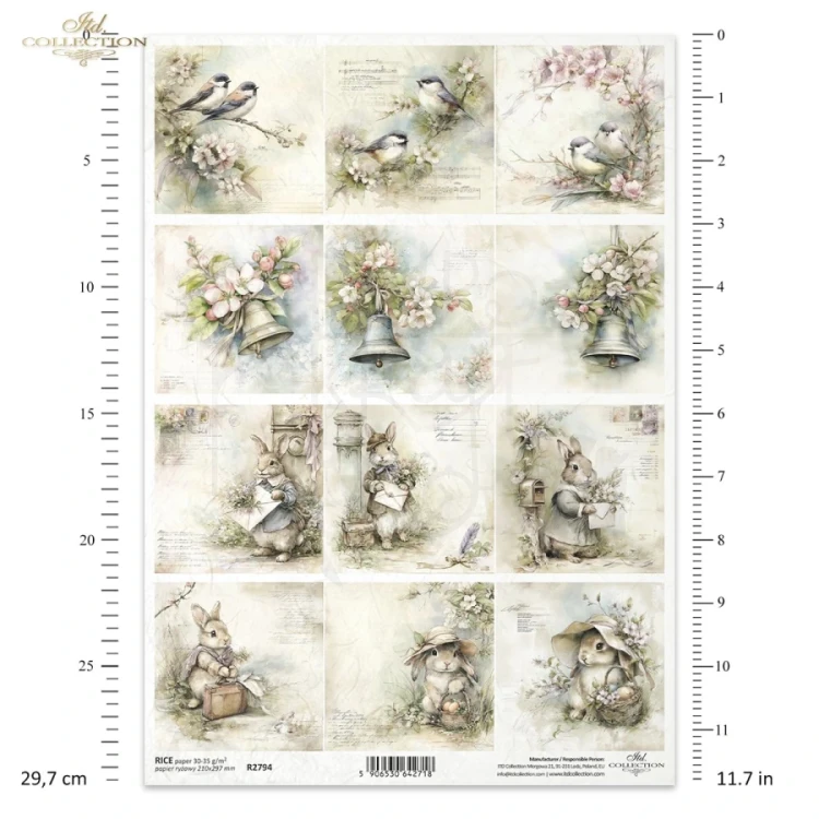 Papier ryżowy do decoupage A4 Wielkanoc - ptaki i zające retro R2794 ITD Collection