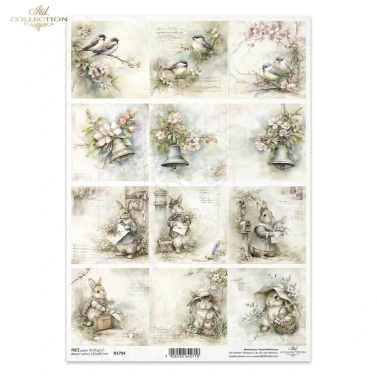 Papier ryżowy do decoupage A4 Wielkanoc - ptaki i zające retro R2794 ITD Collection