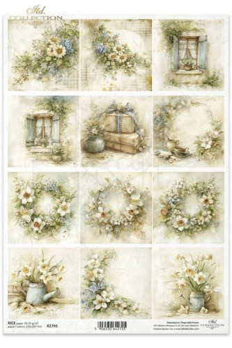 Papier ryżowy do decoupage A4 Wiosna - wianki kwiaty i okna retro R2795 ITD Collection