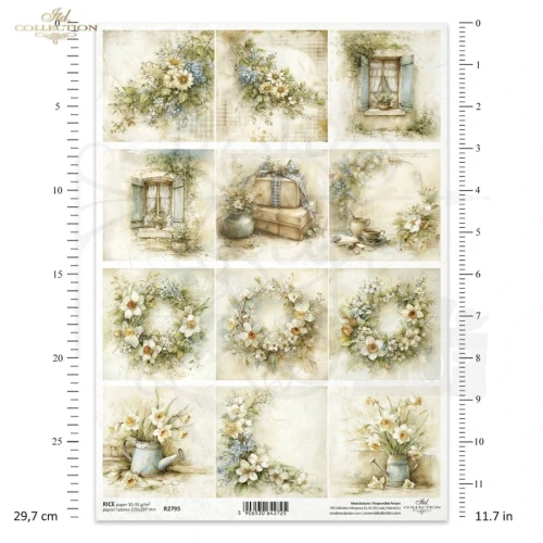 Papier ryżowy do decoupage A4 Wiosna - wianki kwiaty i okna retro R2795 ITD Collection