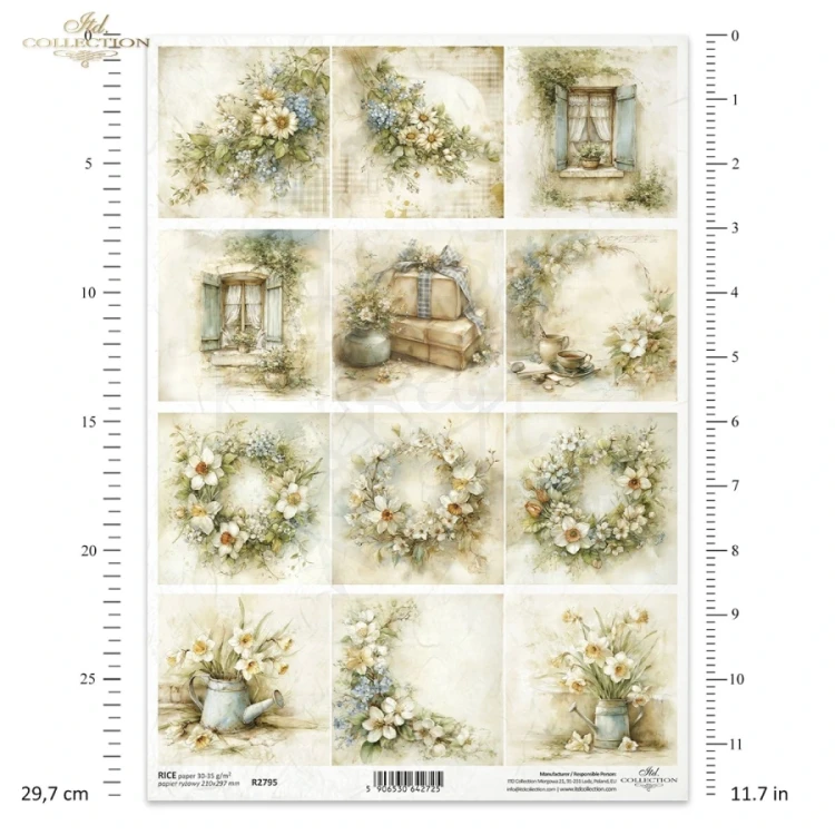 Papier ryżowy do decoupage A4 Wiosna - wianki kwiaty i okna retro R2795 ITD Collection