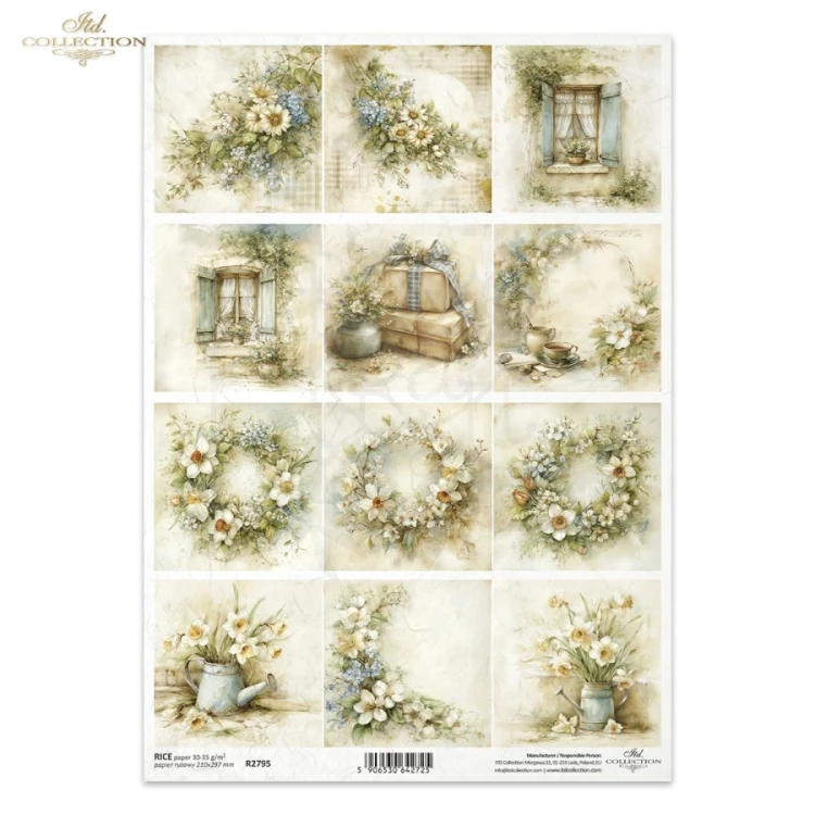 Papier ryżowy do decoupage A4 Wiosna - wianki kwiaty i okna retro R2795 ITD Collection