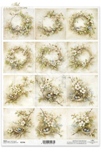 Papier ryżowy do decoupage A4 Wiosna - wianki ptaki i gniazda retro R2796 ITD Collection