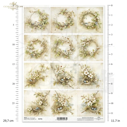 Papier ryżowy do decoupage A4 Wiosna - wianki ptaki i gniazda retro R2796 ITD Collection