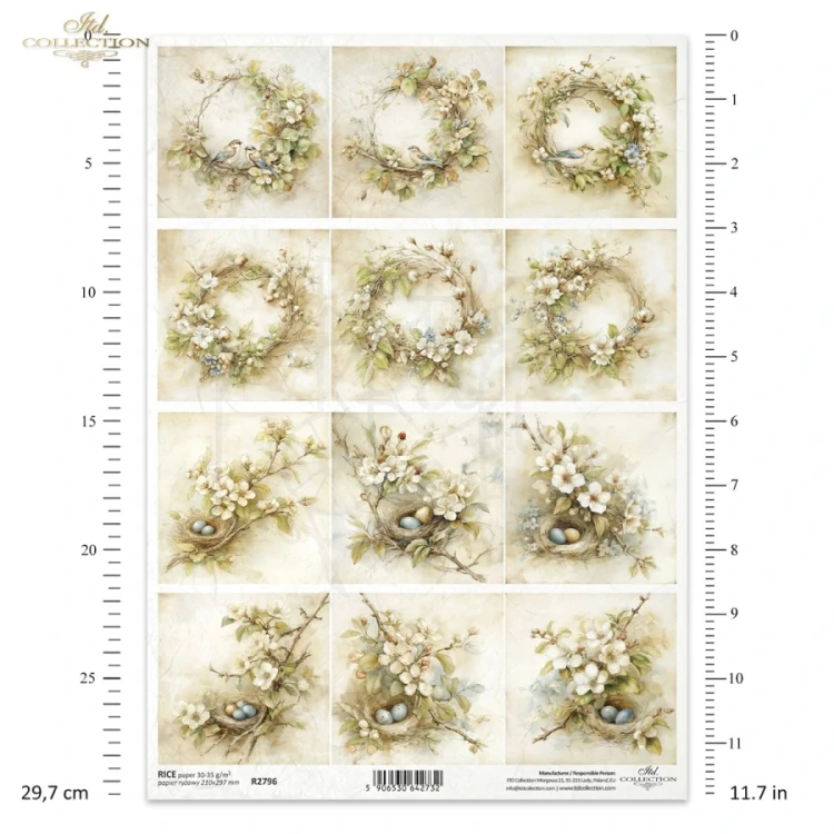 Papier ryżowy do decoupage A4 Wiosna - wianki ptaki i gniazda retro R2796 ITD Collection