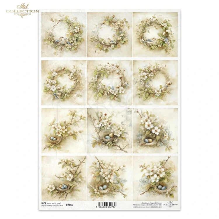 Papier ryżowy do decoupage A4 Wiosna - wianki ptaki i gniazda retro R2796 ITD Collection