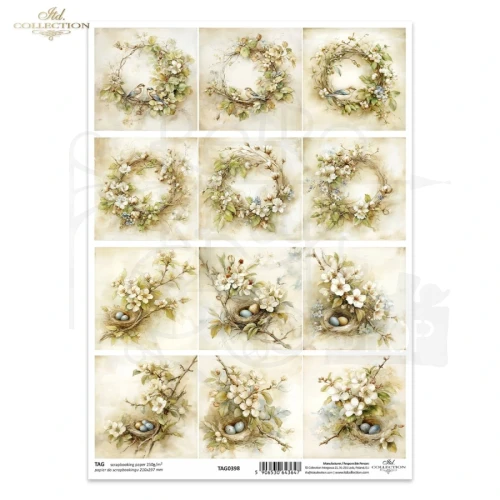 Papier do scrapbookingu A4 Tagi Wiosna - wianki ptaki i gniazda retro TAG0398 ITD Collection
