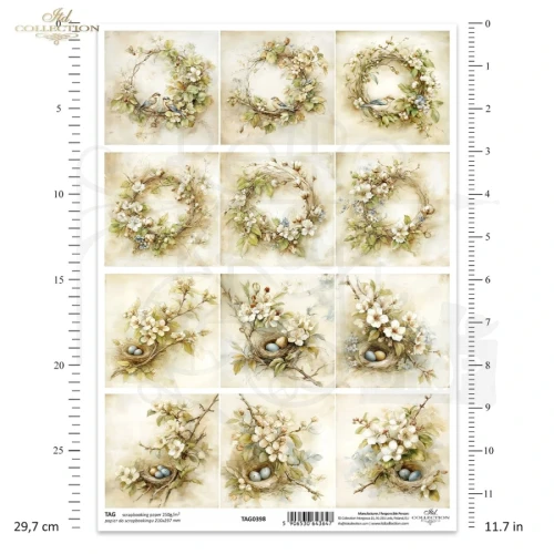 Papier do scrapbookingu A4 Tagi Wiosna - wianki ptaki i gniazda retro TAG0398 ITD Collection
