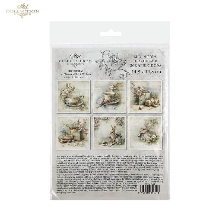 Zestaw papierów ryżowych do decoupage 14.8x14.8 Wielkanoc - zające i filiżanki retro RSM244 ITD Collection