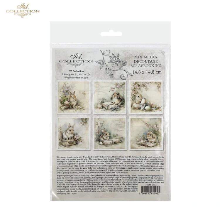 Zestaw papierów ryżowych do decoupage 14.8x14.8 Wielkanoc - zające retro RSM245 ITD Collection