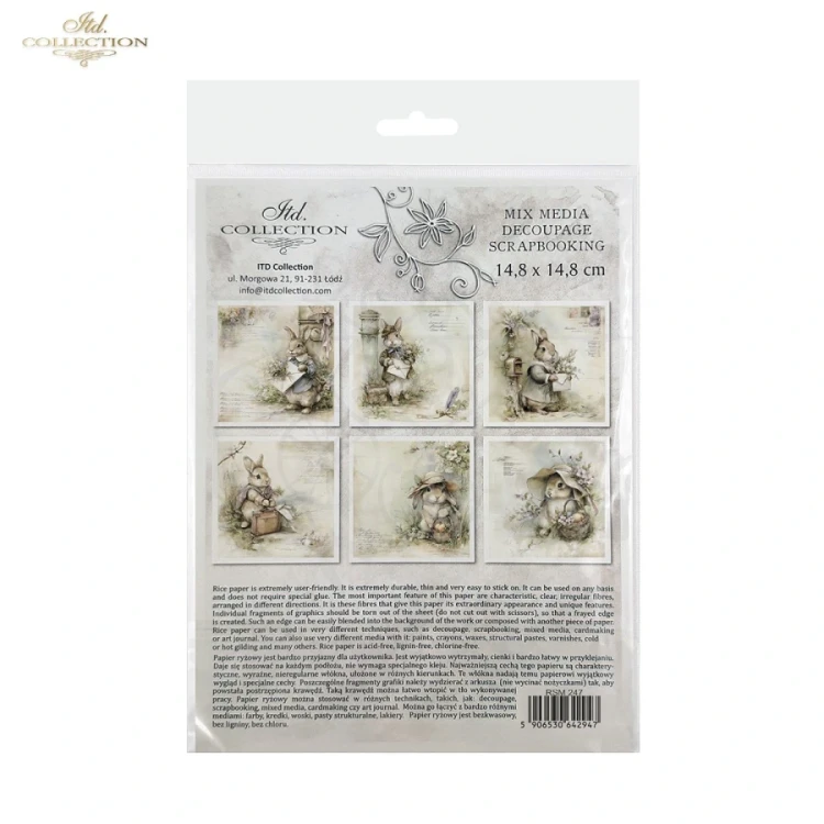 Zestaw papierów ryżowych do decoupage 14.8x14.8 Wielkanoc - zające retro RSM247 ITD Collection