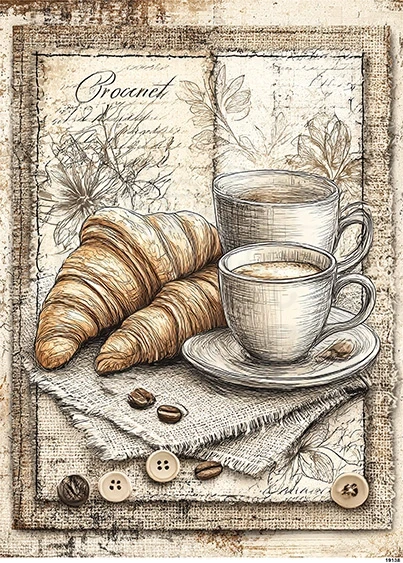 Papier ryżowy do decoupage A5 Filiżanki z kawą i croissanty 19138