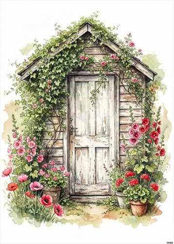 Papier ryżowy do decoupage A5 Domek drzwi i kwiaty 19365
