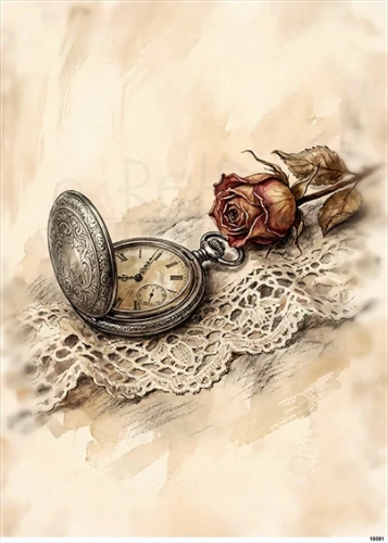 Papier ryżowy do decoupage A5 Zegarek kieszonkowy i róża retro 19391