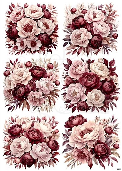 Papier ryżowy do decoupage A4 Kwiaty - bordowe peonie 4402