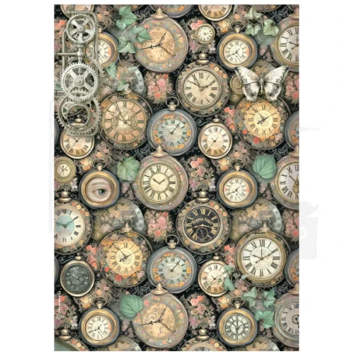 Papier ryżowy do decoupage A4 Gardens Of Time Zegarowe tło DFSA41116 Stamperia