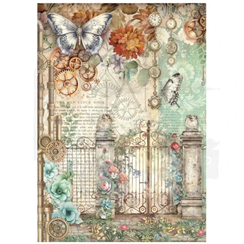 Papier ryżowy do decoupage A4 Gardens Of Time Motyl i brama DFSA41115 Stamperia