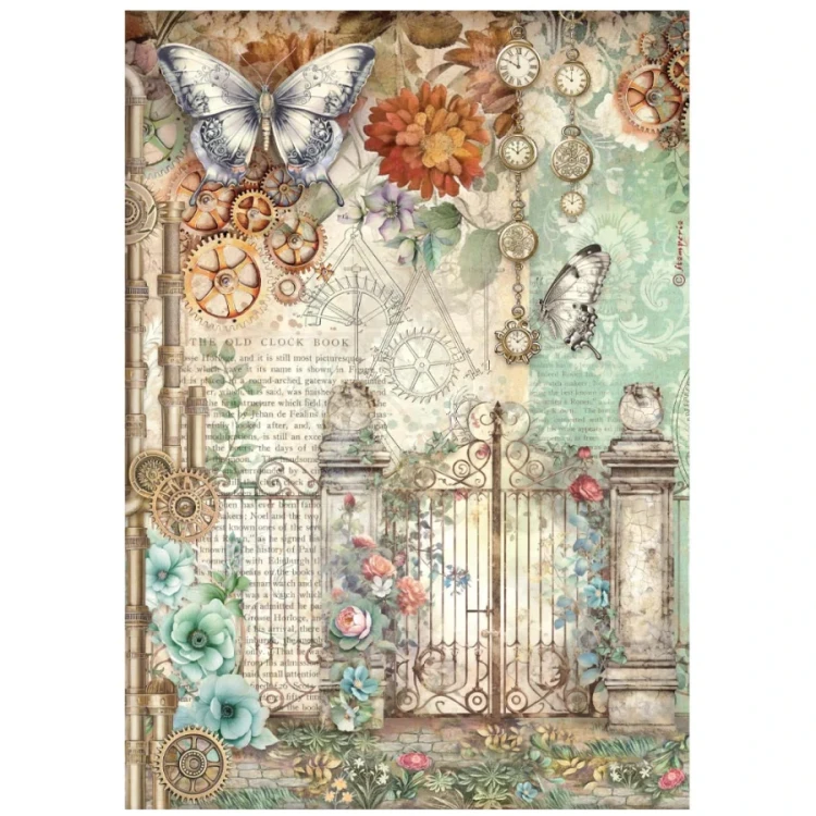 Papier ryżowy do decoupage A4 Gardens Of Time Motyl i brama DFSA41115 Stamperia