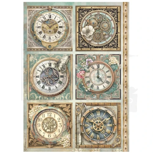 Papier ryżowy do decoupage A4 Gardens Of Time 6 zegarów DFSA41111 Stamperia